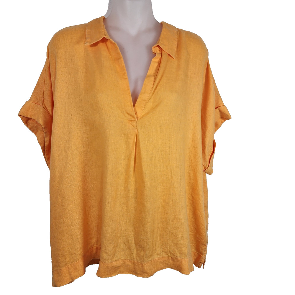Chico's Womens 100% Linen Tunic Popover Top Sz 10 Orange Vacation Resort Boxy V